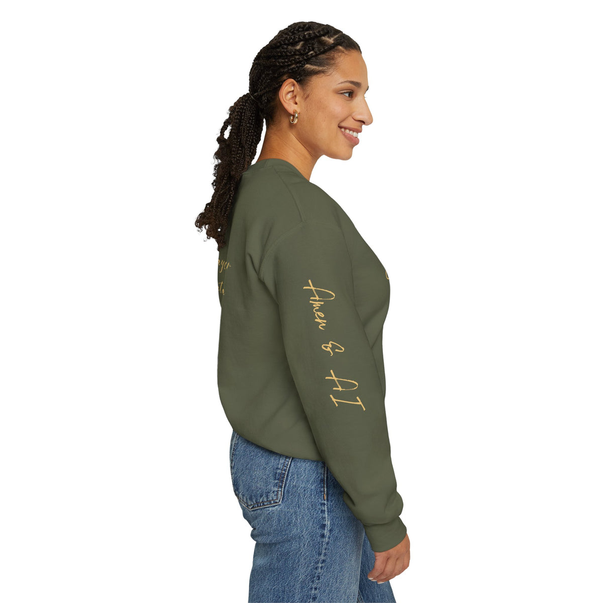 Christian AI Crewneck Sweatshirt - "Amen & AI" Gold Script, "Powered by Prayer, Driven by Data"