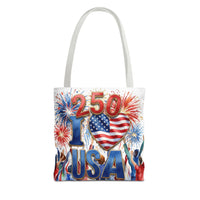 USA 250 Celebration Tote Bag — I Love USA Fireworks Patriotic Shopper