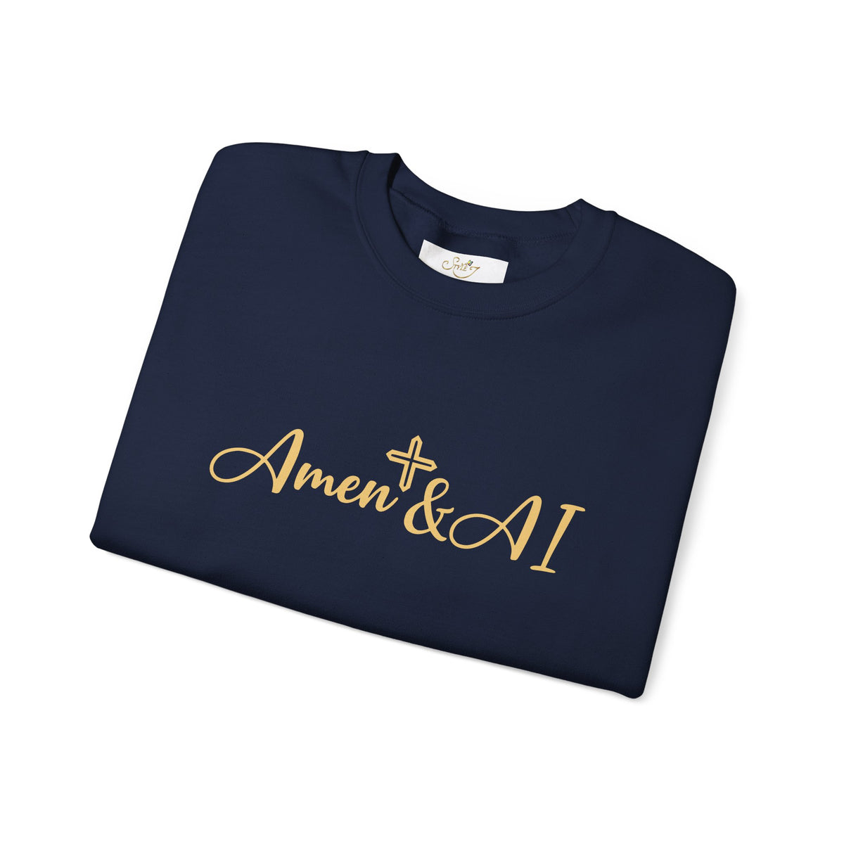 Christian AI Crewneck Sweatshirt - "Amen & AI" Gold Script, "Powered by Prayer, Driven by Data"
