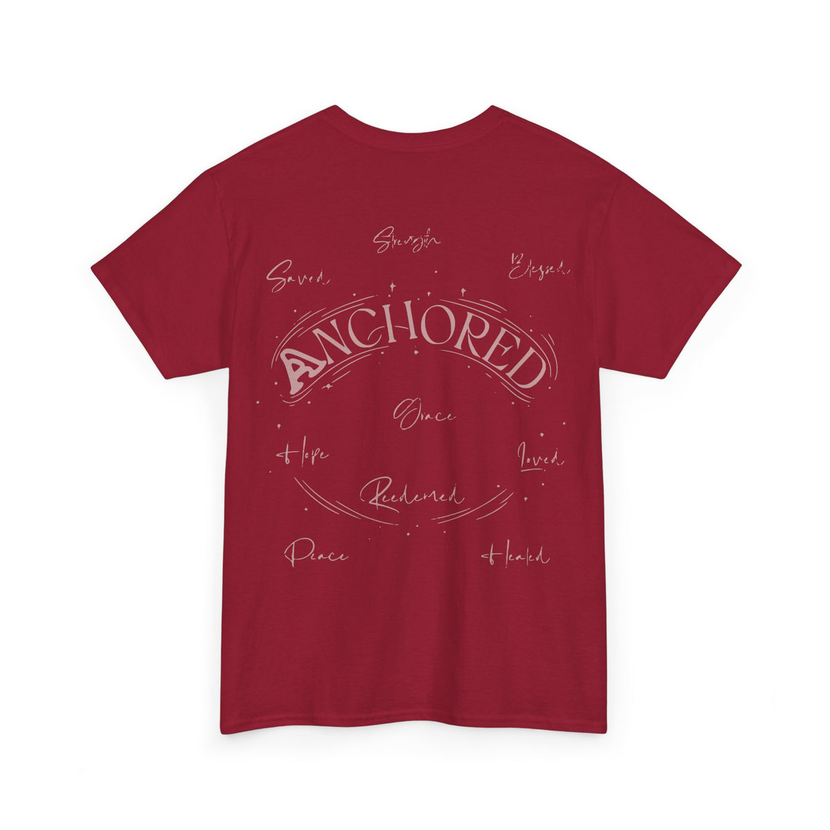Anchored Faith T-Shirt — "Anchored" Calligraphy with Faith, Hope & Grace