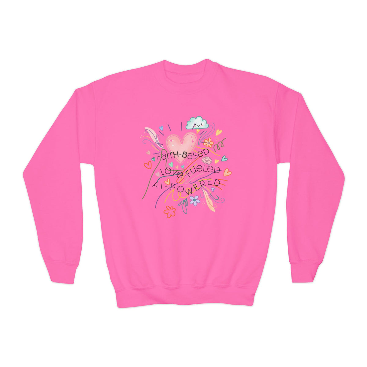 Youth Crewneck Sweatshirt — Cute Heart & Floral "Faith-Based. Love-Fueled. AI-Powered." Design