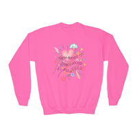 Youth Crewneck Sweatshirt — Cute Heart & Floral "Faith-Based. Love-Fueled. AI-Powered." Design