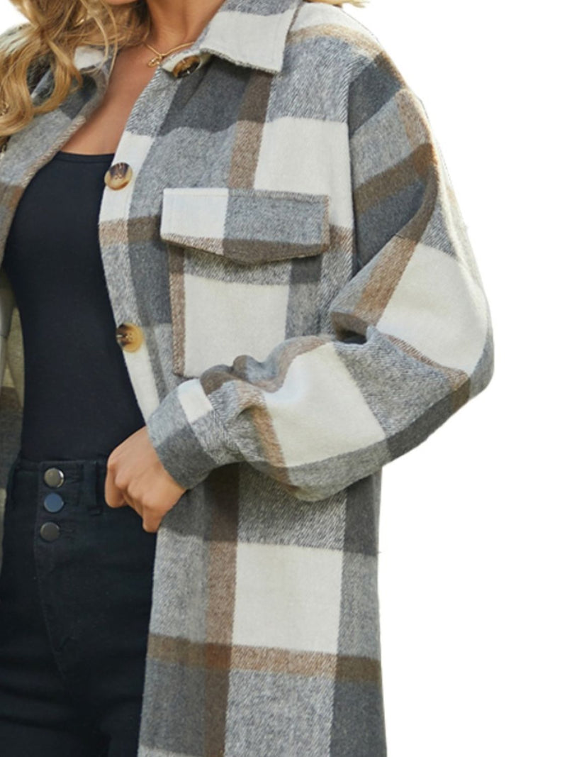 Plaid Collared Neck Long Sleeve Longline Jacket