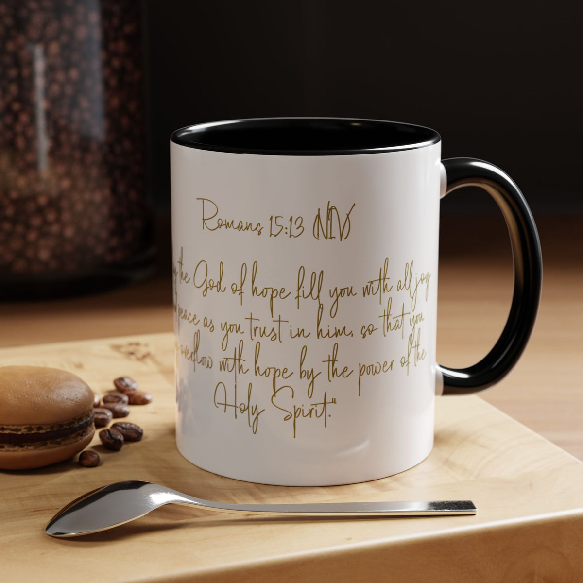 Christian Scripture Coffee Mug – Romans 15:13 Gold Calligraphy Accent Mug (11/15oz)