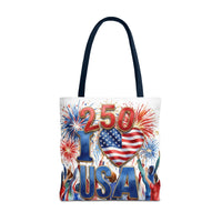 USA 250 Celebration Tote Bag — I Love USA Fireworks Patriotic Shopper