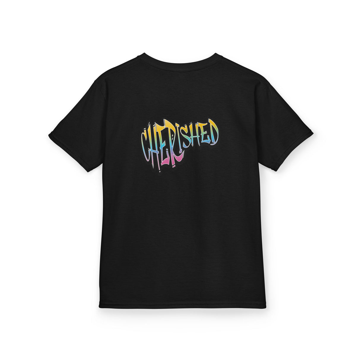 Kids 'Child of Light' Graphic Tee — Colorful Hand-Lettered 'Cherished' Back Design