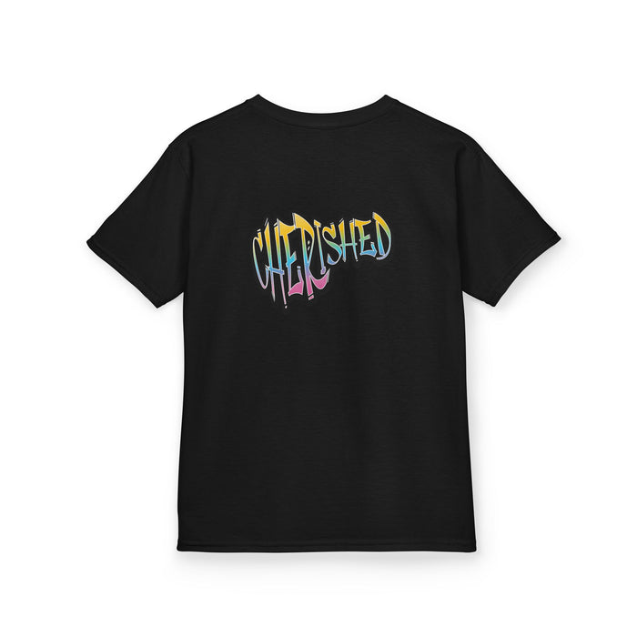 Kids 'Child of Light' Graphic Tee — Colorful Hand-Lettered 'Cherished' Back Design