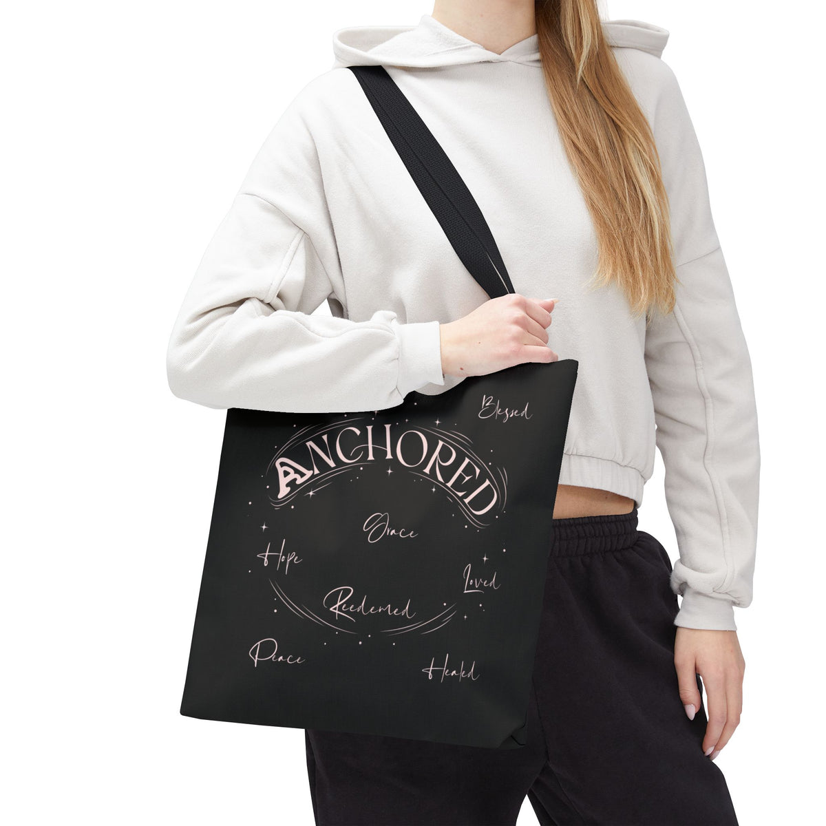 Anchored Inspirational Tote Bag — 'Anchored' Script Design