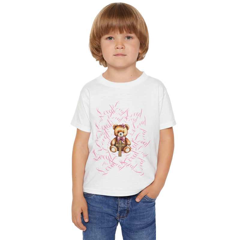 Toddler T‑Shirt — Cute Teddy Bear Cross Design with Pink Script
