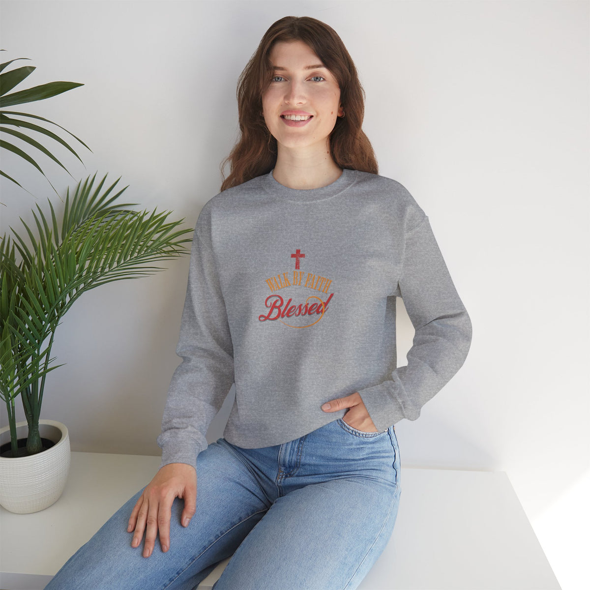 Unisex Christian Crewneck Sweatshirt — "Blessed" Faith Cross Graphic