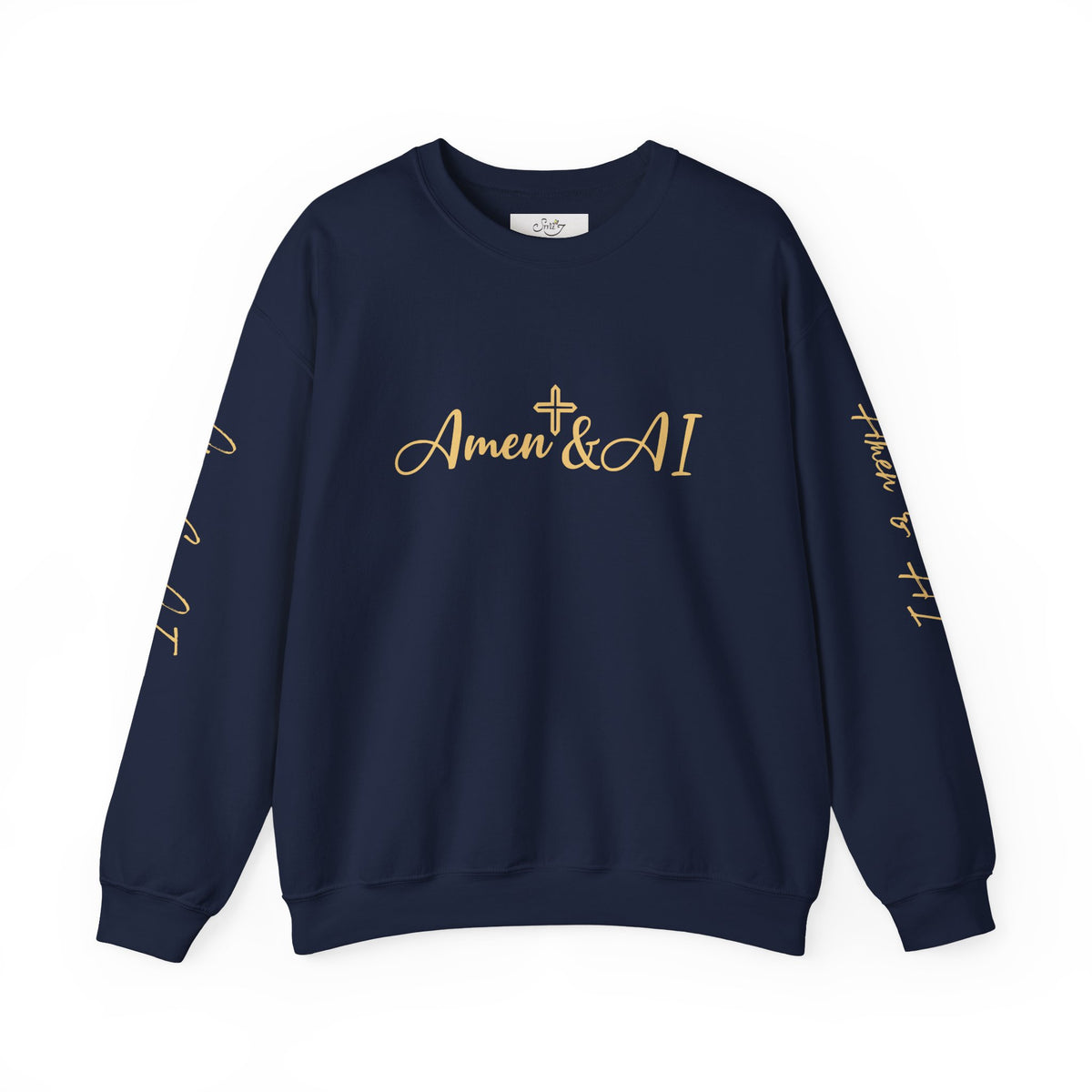 Christian AI Crewneck Sweatshirt - "Amen & AI" Gold Script, "Powered by Prayer, Driven by Data"