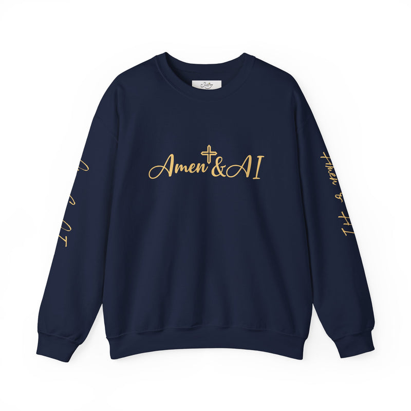 Christian AI Crewneck Sweatshirt - "Amen & AI" Gold Script, "Powered by Prayer, Driven by Data"