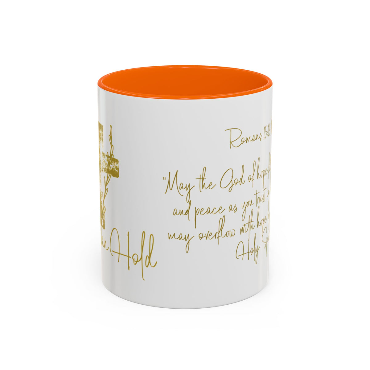 Christian Scripture Coffee Mug – Romans 15:13 Gold Calligraphy Accent Mug (11/15oz)