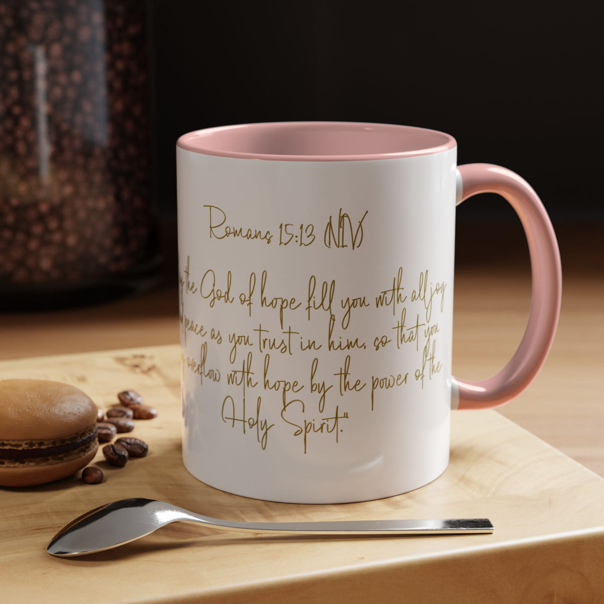 Christian Scripture Coffee Mug – Romans 15:13 Gold Calligraphy Accent Mug (11/15oz)