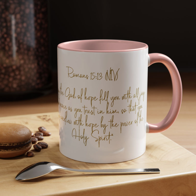 Christian Scripture Coffee Mug – Romans 15:13 Gold Calligraphy Accent Mug (11/15oz)