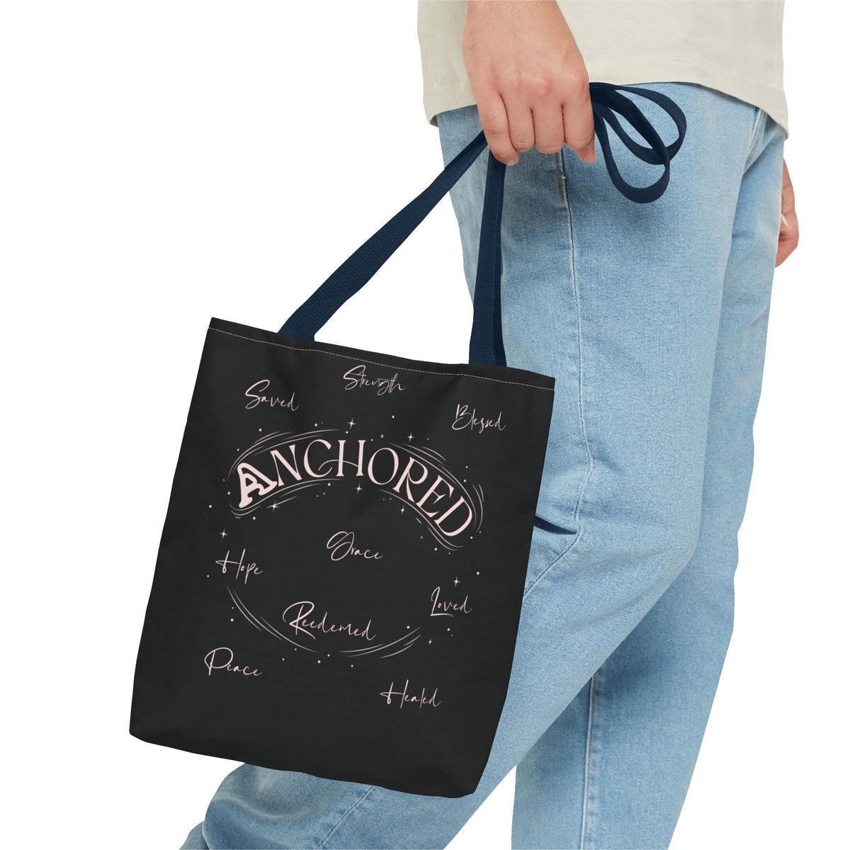 Anchored Inspirational Tote Bag — 'Anchored' Script Design