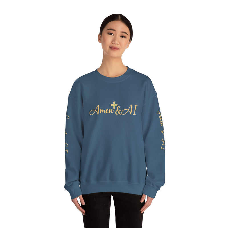 Christian AI Crewneck Sweatshirt - "Amen & AI" Gold Script, "Powered by Prayer, Driven by Data"