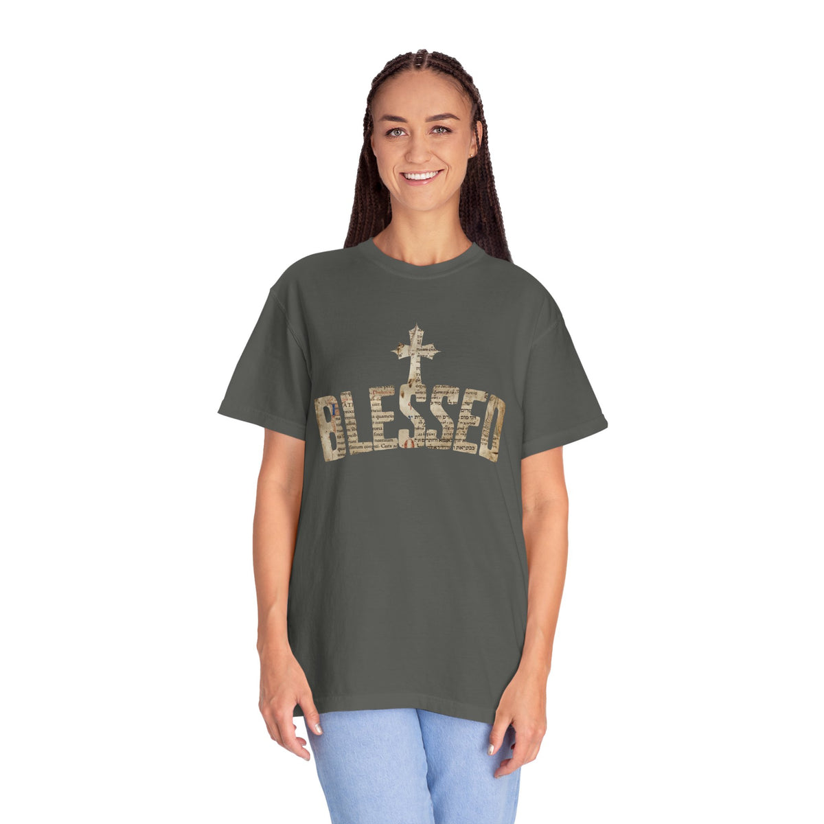 Blessed Cross T-Shirt — Christian Graphic Tee (Vintage Camouflage Lettering)