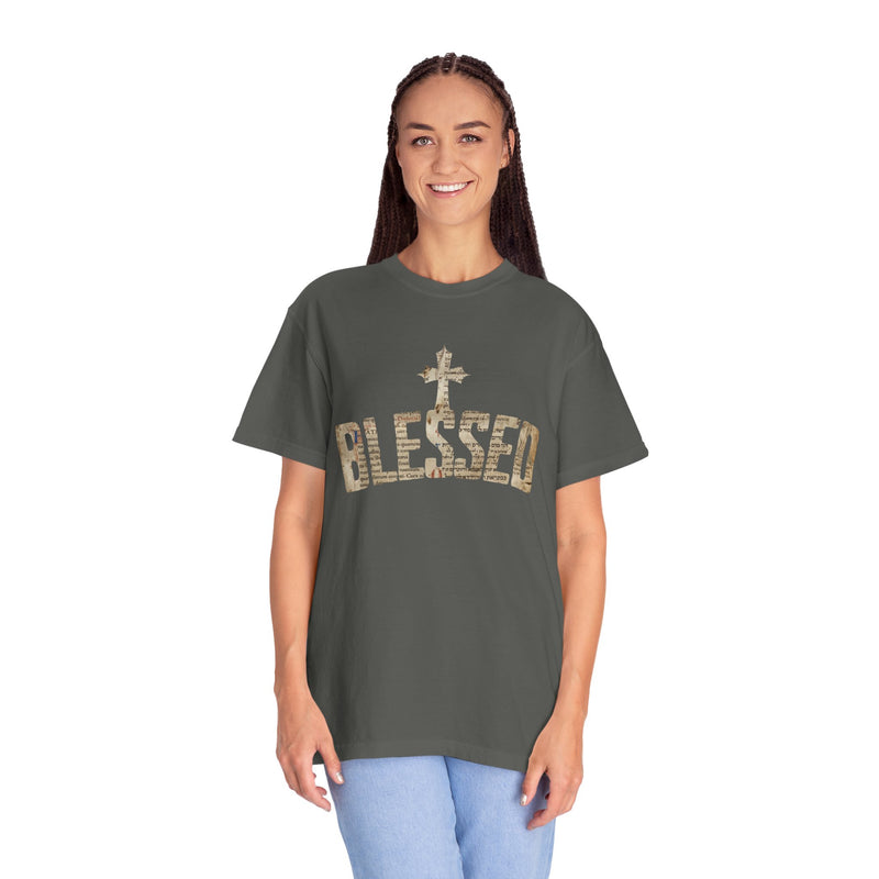 Blessed Cross T-Shirt — Christian Graphic Tee (Vintage Camouflage Lettering)