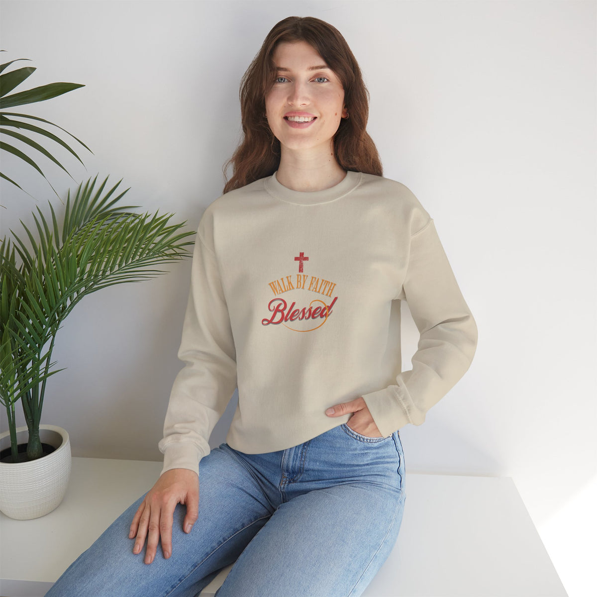 Unisex Christian Crewneck Sweatshirt — "Blessed" Faith Cross Graphic