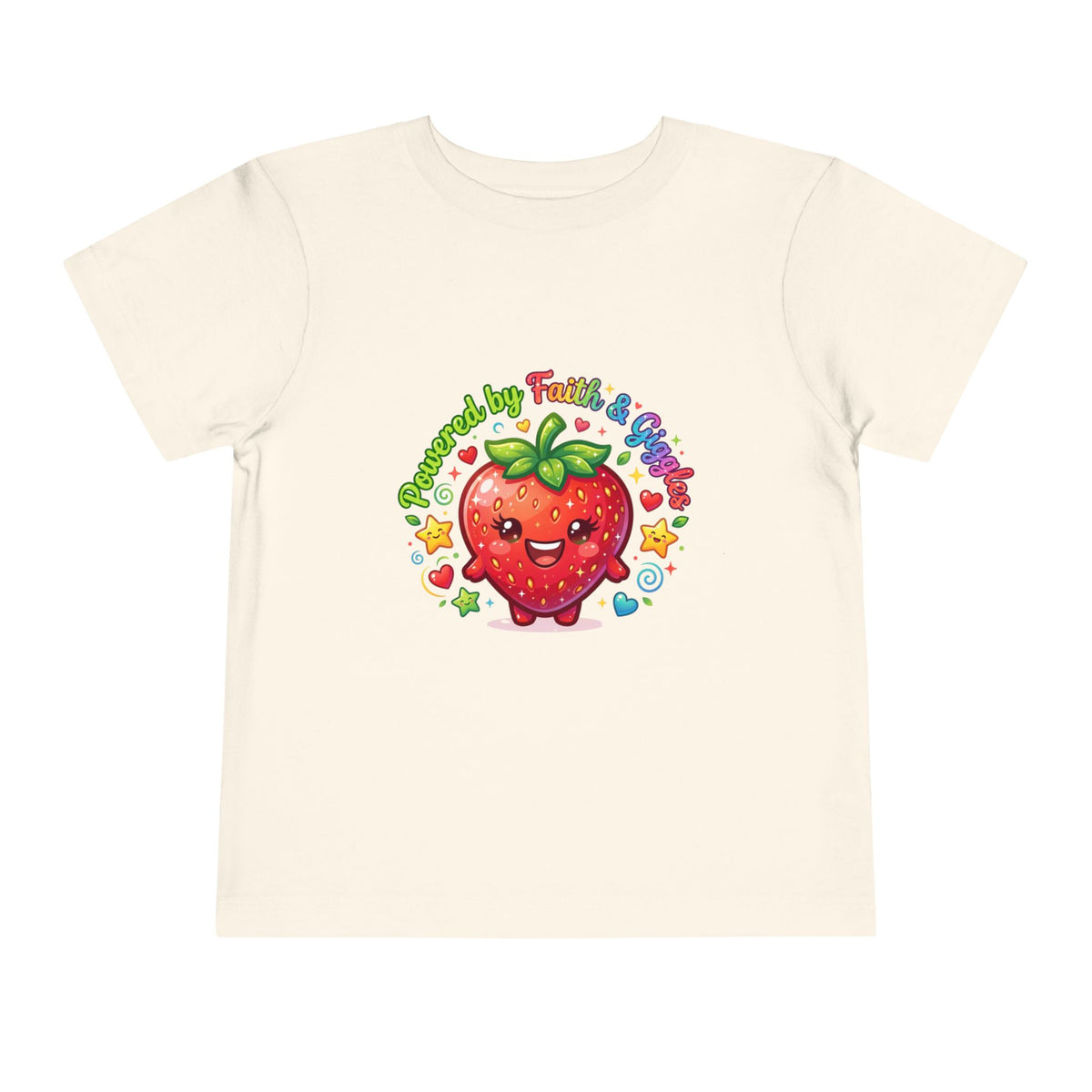 Toddler Tee — Cute Kawaii Strawberry "Powered by Faith & Giggles" Kids Shirt