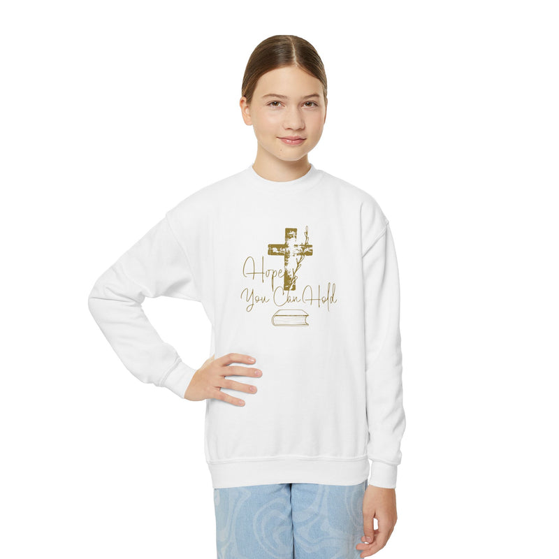 Youth Crewneck Sweatshirt - Gold Glitter Cross “Hope You Can Hold” Christian Tee