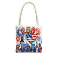 USA 250 Celebration Tote Bag — I Love USA Fireworks Patriotic Shopper