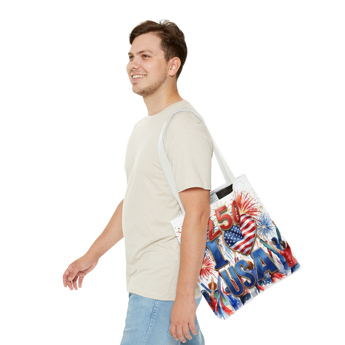 USA 250 Celebration Tote Bag — I Love USA Fireworks Patriotic Shopper