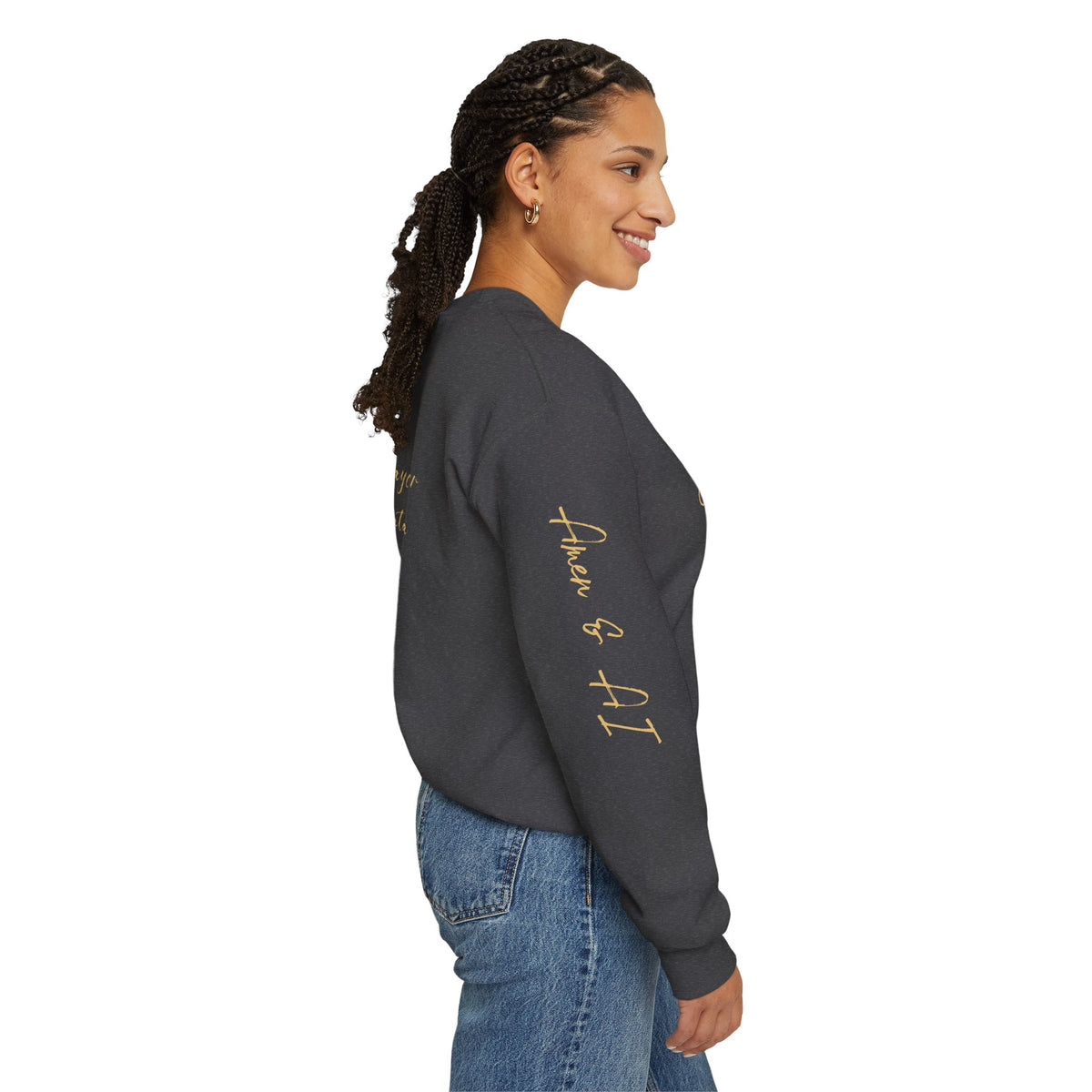 Christian AI Crewneck Sweatshirt - "Amen & AI" Gold Script, "Powered by Prayer, Driven by Data"