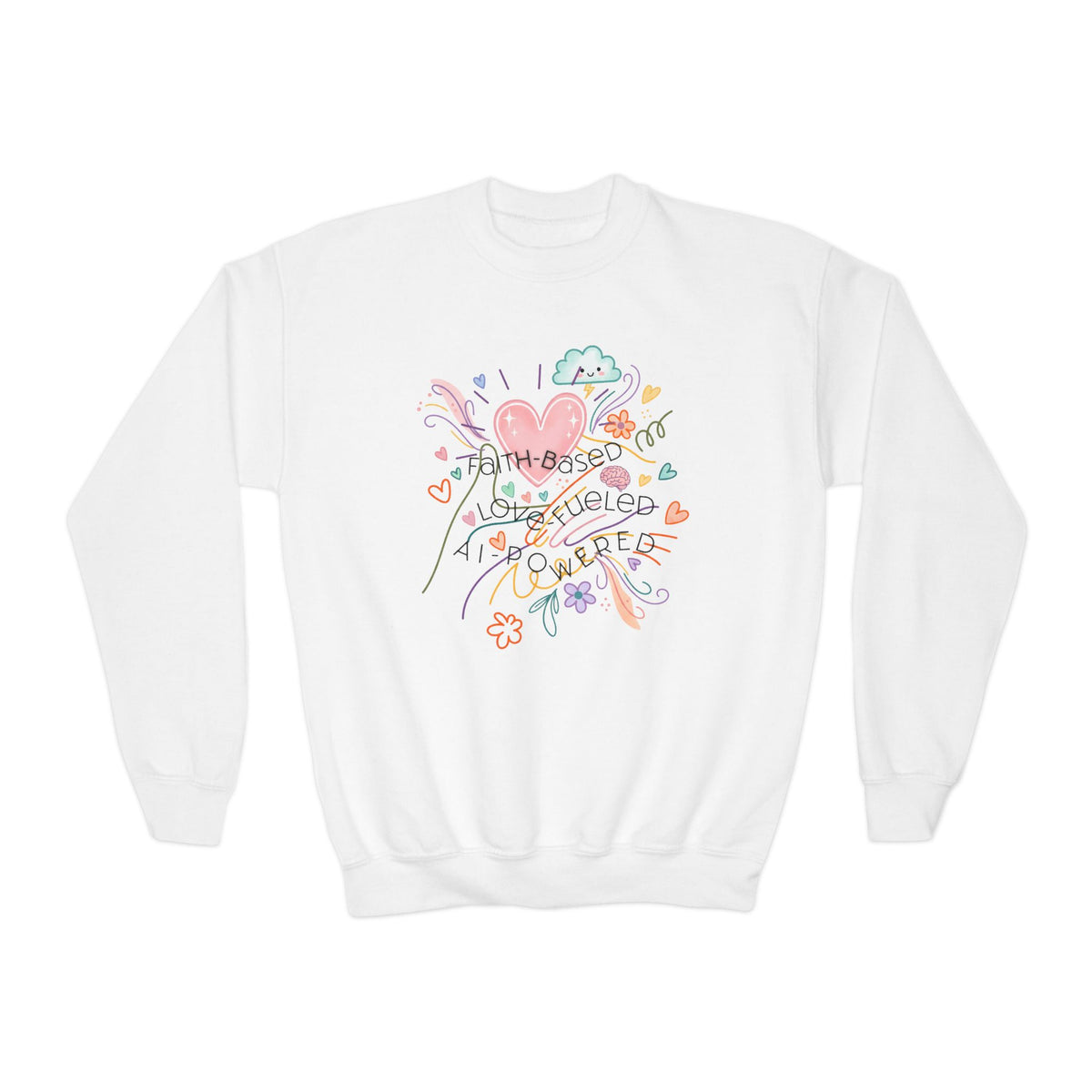 Youth Crewneck Sweatshirt — Cute Heart & Floral "Faith-Based. Love-Fueled. AI-Powered." Design