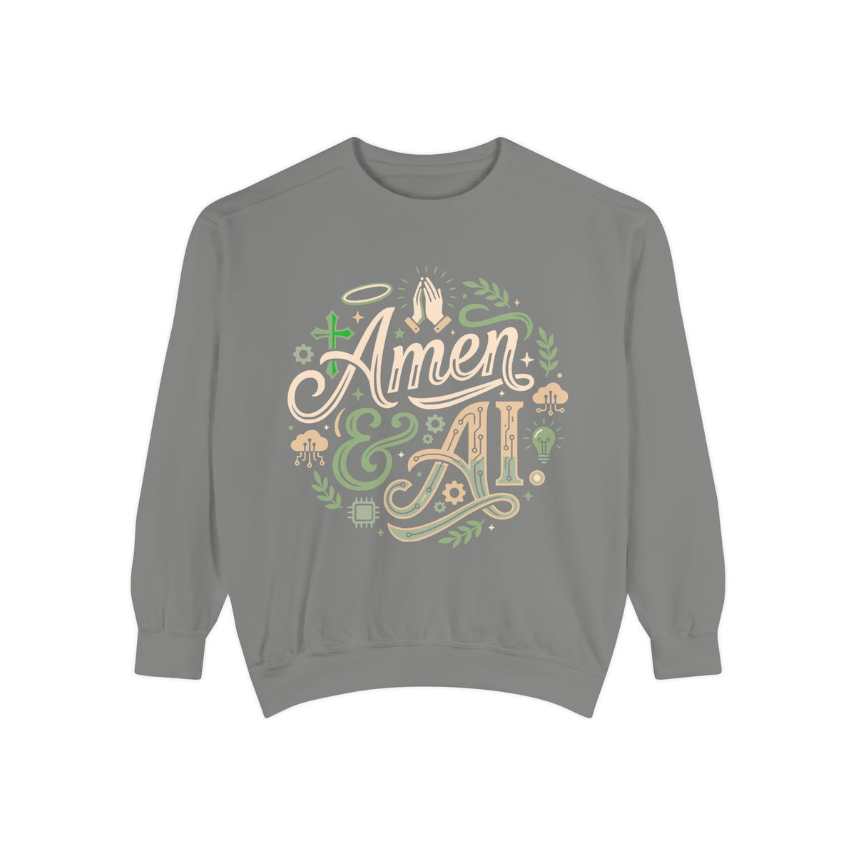 Amen & AI Sweatshirt — Faith-Inspired Crewneck with ‘Divine Data, Holy Purpose" Back Design