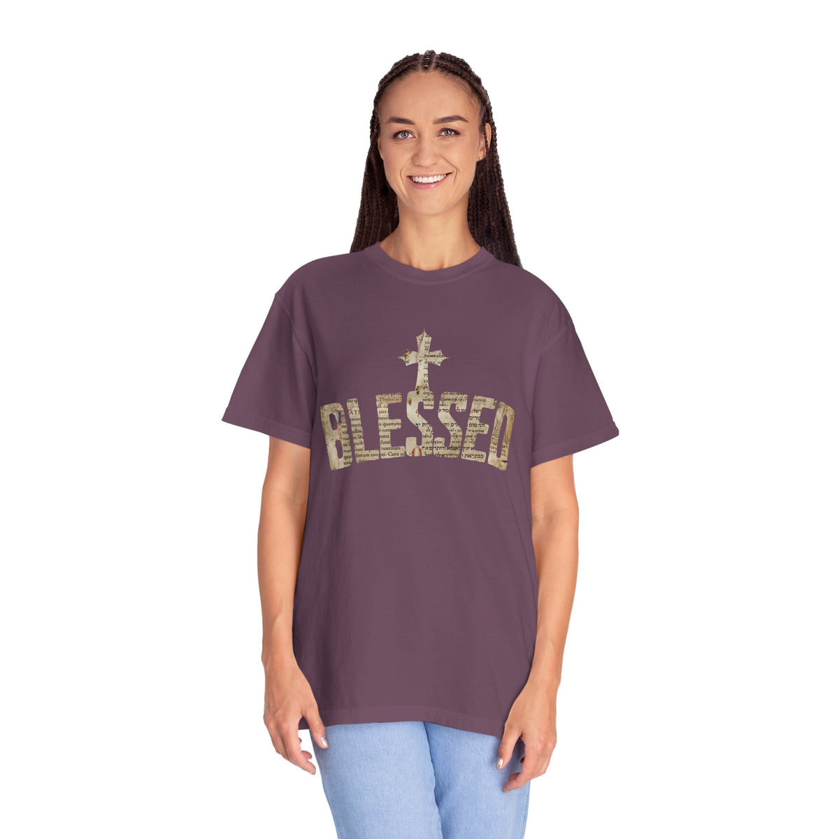 Blessed Cross T-Shirt — Christian Graphic Tee (Vintage Camouflage Lettering)