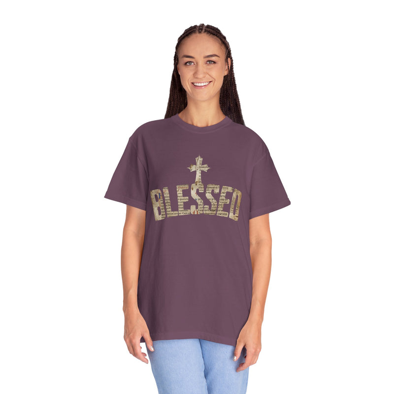 Blessed Cross T-Shirt — Christian Graphic Tee (Vintage Camouflage Lettering)