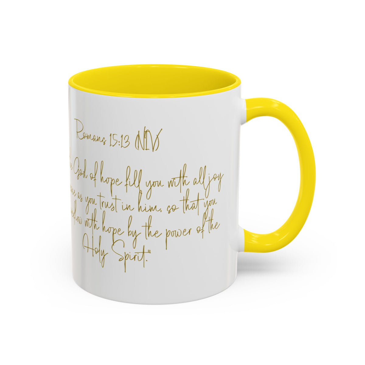Christian Scripture Coffee Mug – Romans 15:13 Gold Calligraphy Accent Mug (11/15oz)