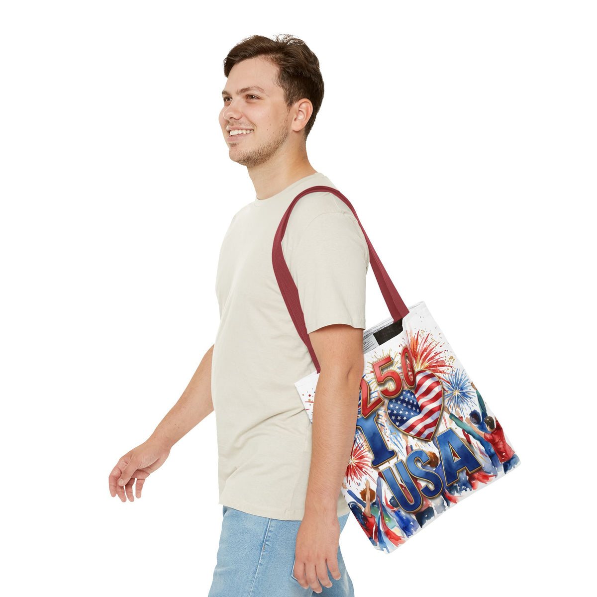 USA 250 Celebration Tote Bag — I Love USA Fireworks Patriotic Shopper