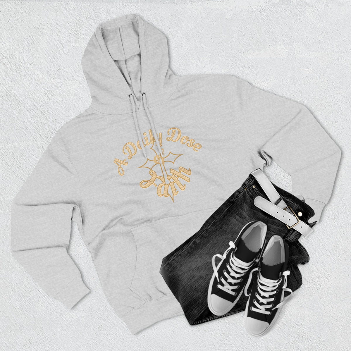 Faith Script Fleece Hoodie — "A Daily Dose of Faith" Gold Script, Back "He Is Always Faithful"