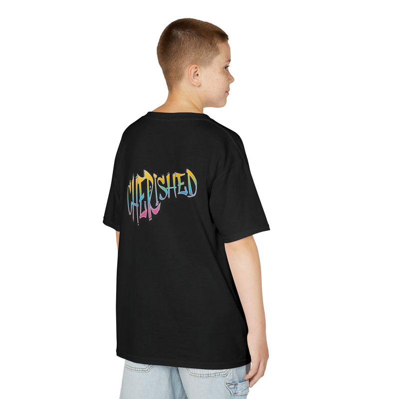 Kids 'Child of Light' Graphic Tee — Colorful Hand-Lettered 'Cherished' Back Design