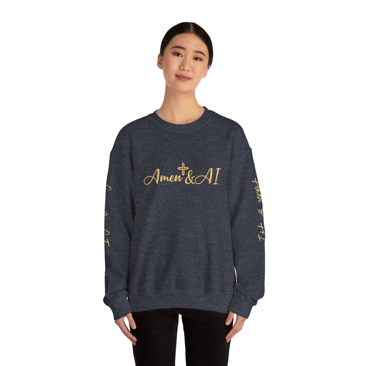 Christian AI Crewneck Sweatshirt - "Amen & AI" Gold Script, "Powered by Prayer, Driven by Data"
