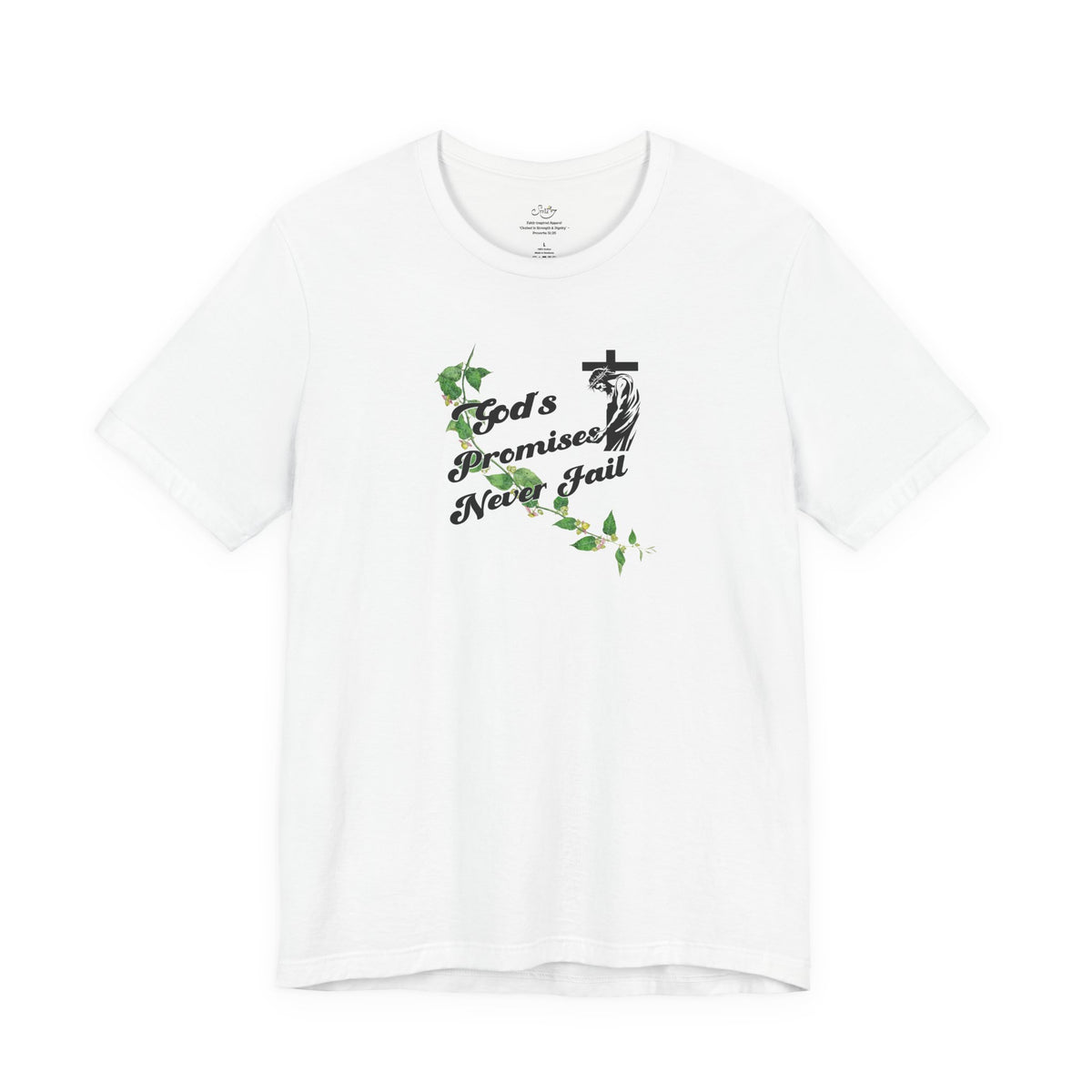 Faith T-Shirt — "God's Promises Never Fail" Christian Tee with Cross & Olive Branch Design
