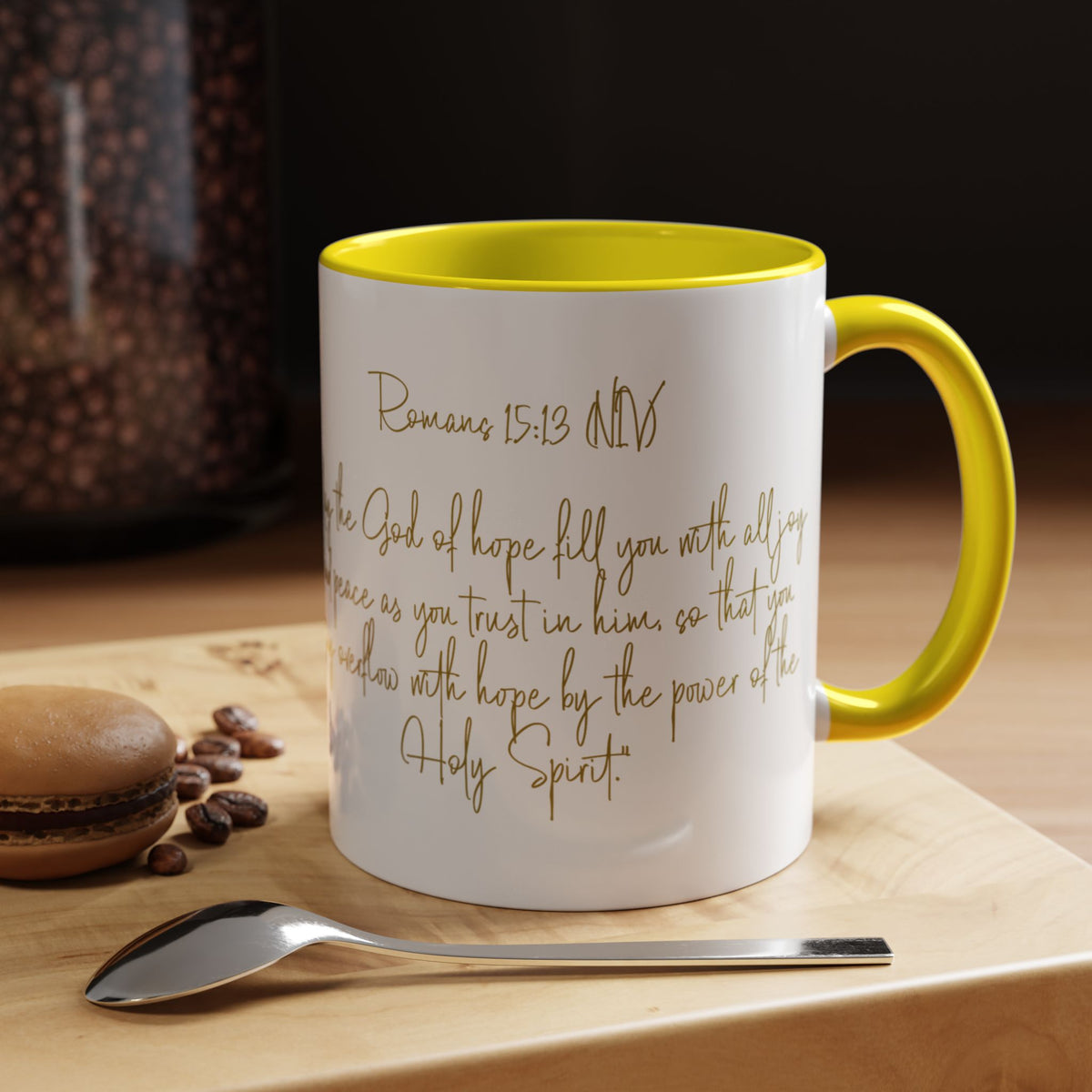Christian Scripture Coffee Mug – Romans 15:13 Gold Calligraphy Accent Mug (11/15oz)