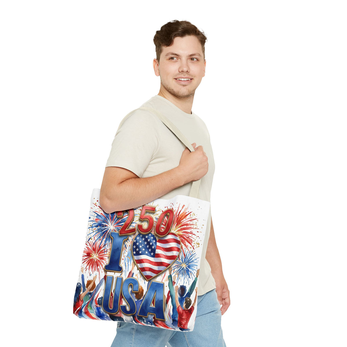 USA 250 Celebration Tote Bag — I Love USA Fireworks Patriotic Shopper