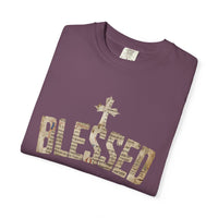 Blessed Cross T-Shirt — Christian Graphic Tee (Vintage Camouflage Lettering)