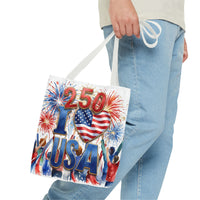 USA 250 Celebration Tote Bag — I Love USA Fireworks Patriotic Shopper