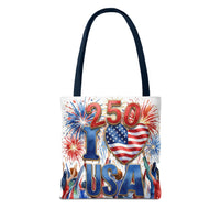 USA 250 Celebration Tote Bag — I Love USA Fireworks Patriotic Shopper