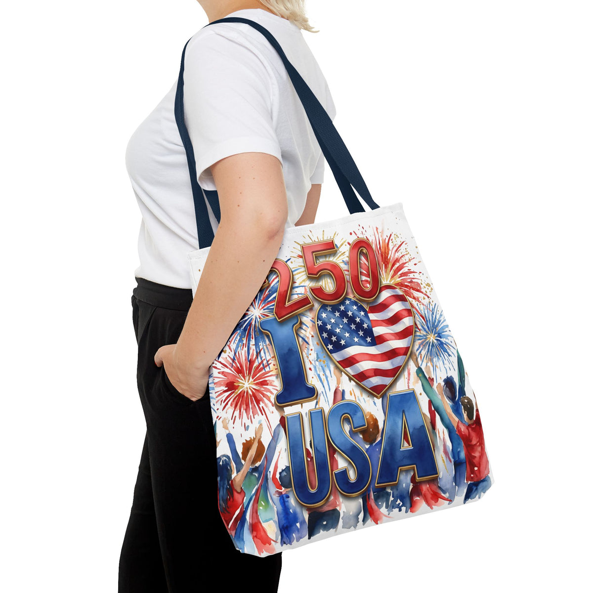 USA 250 Celebration Tote Bag — I Love USA Fireworks Patriotic Shopper