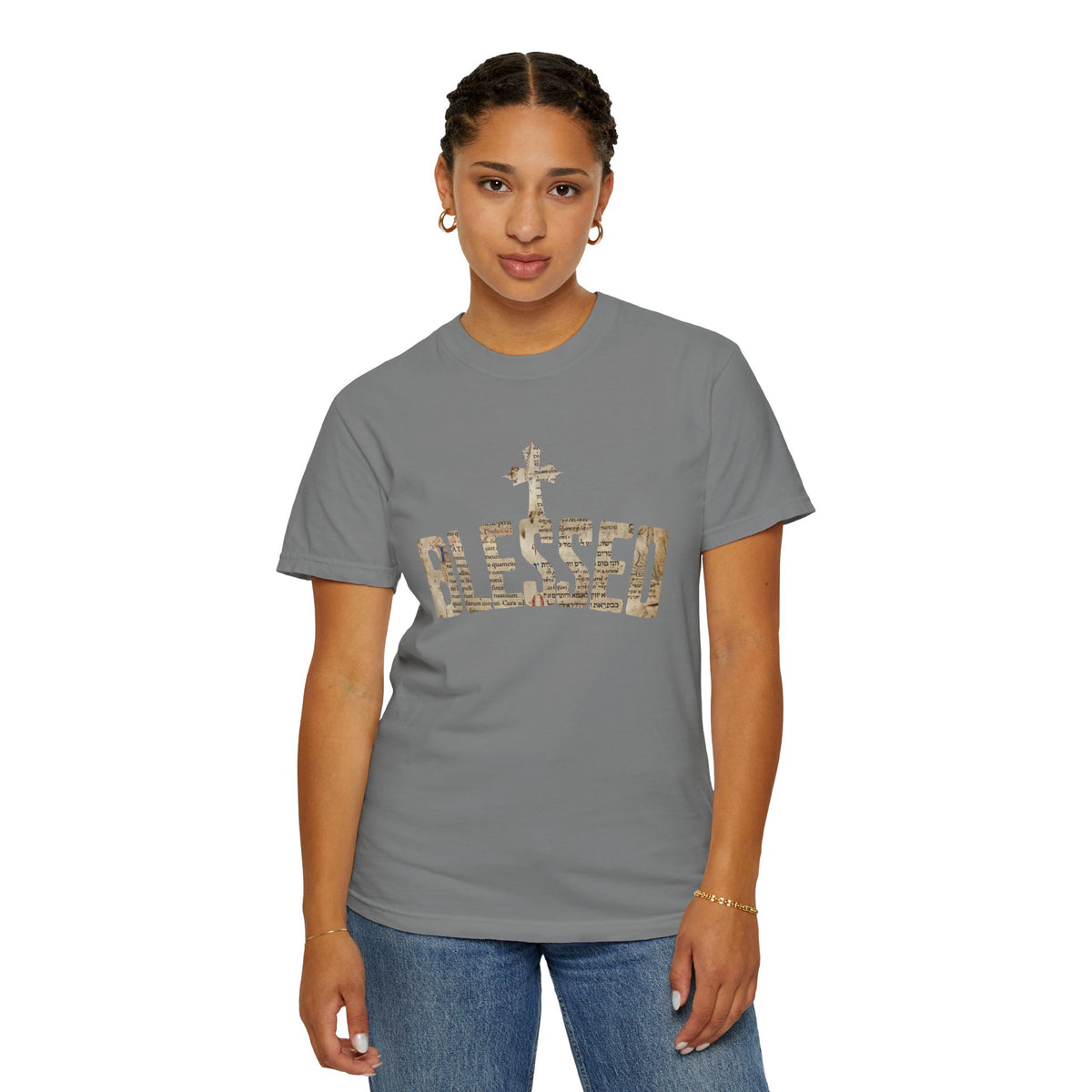 Blessed Cross T-Shirt — Christian Graphic Tee (Vintage Camouflage Lettering)