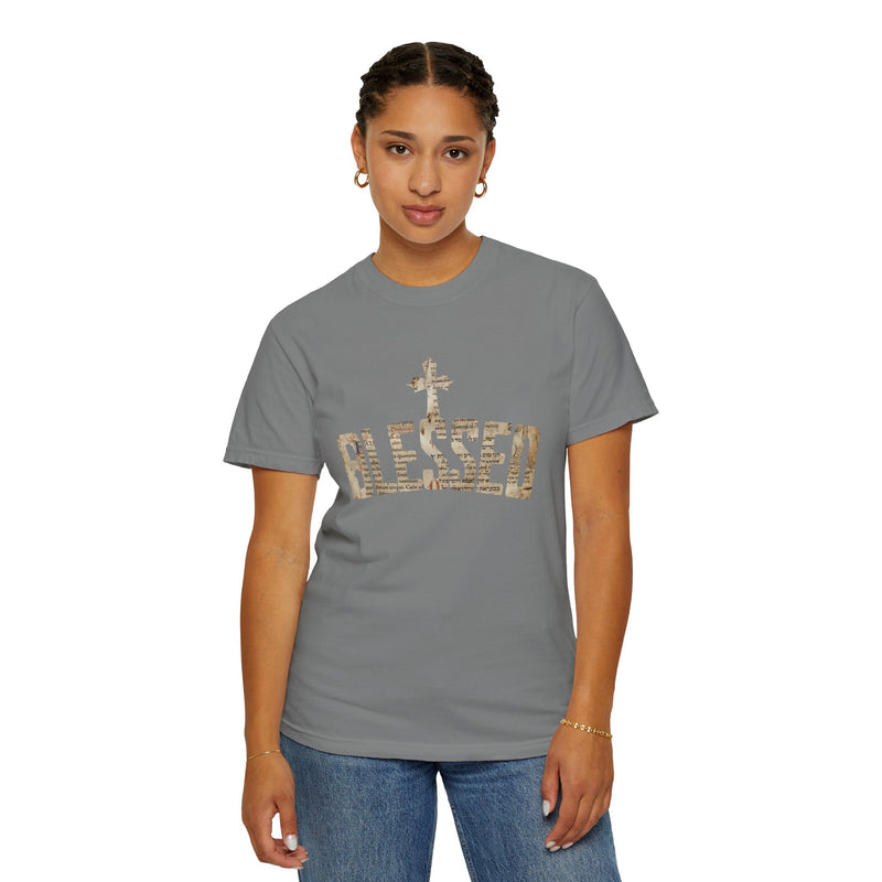 Blessed Cross T-Shirt — Christian Graphic Tee (Vintage Camouflage Lettering)