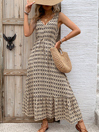 Printed V-Neck Tie Waist Midi Dress