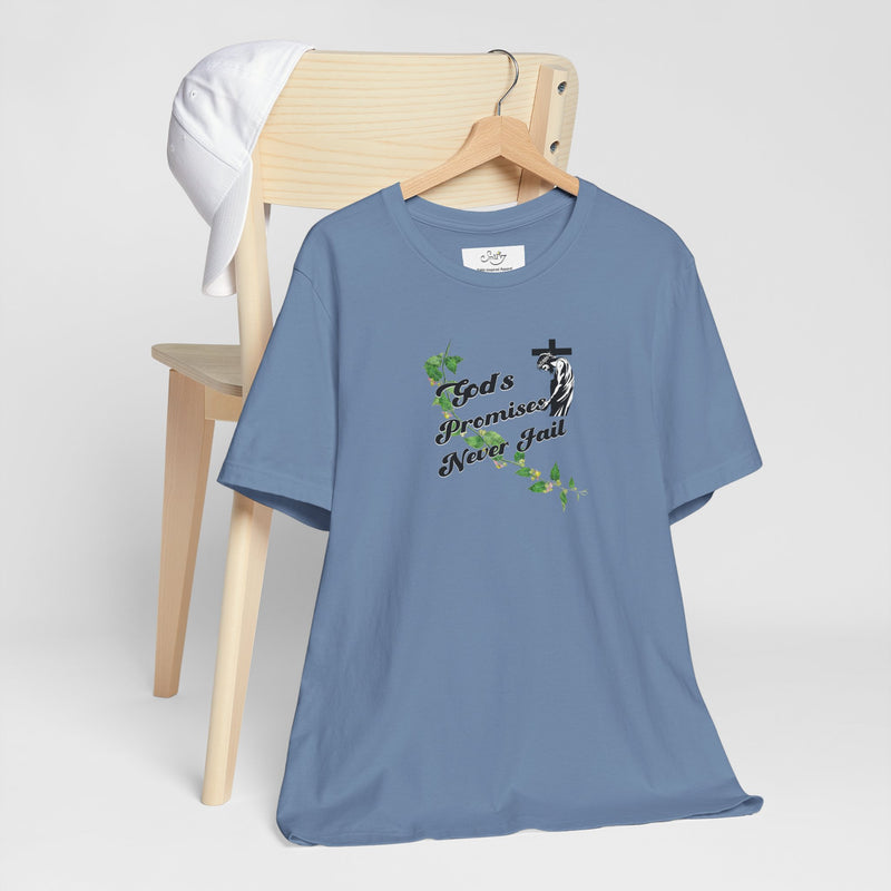 Faith T-Shirt — "God's Promises Never Fail" Christian Tee with Cross & Olive Branch Design