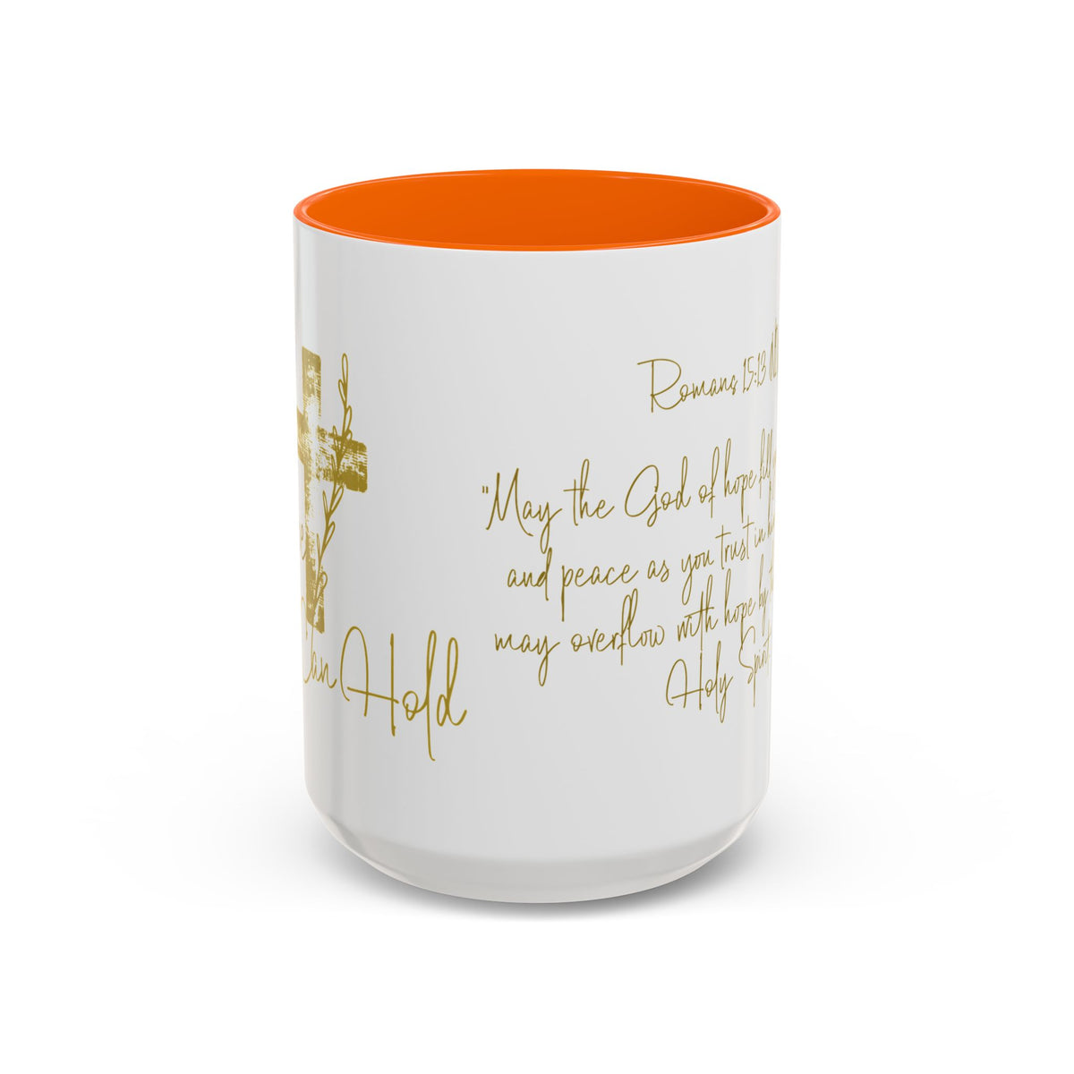 Christian Scripture Coffee Mug – Romans 15:13 Gold Calligraphy Accent Mug (11/15oz)